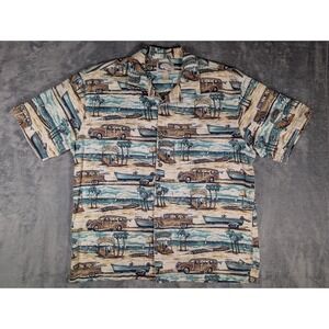 Vintage Blue Water Wear Men Large Cotton Short Sleeve Woody Wagon Boat Shirt USA